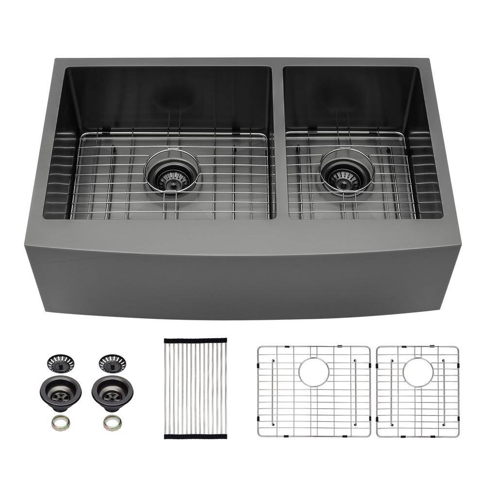 33 in. Farmhouse/Apron-Front Double Bowl Gunmetal Black 16 Guage Stainless Steel Kitchen Sink with Bottom Grids -  Sarlai, AL33AB2-5