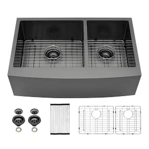 Gunmetal Black 33 in. Farmhouse/Apron-Front Double Bowl 16 Guage Stainless Steel Kitchen Sink with Bottom Grid
