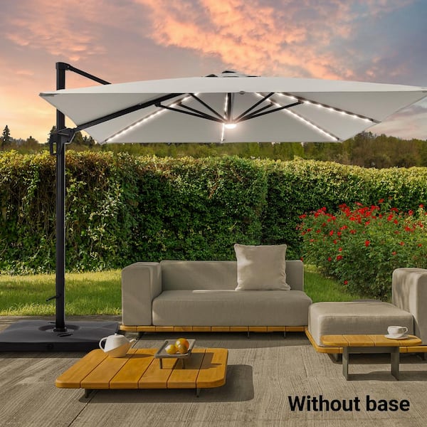 Sonkuki 10 ft. Aluminum Pole Cantilever Solar LED Patio Umbrella 360° Rotation and Infinite Canopy Angle Adjustment in Gray