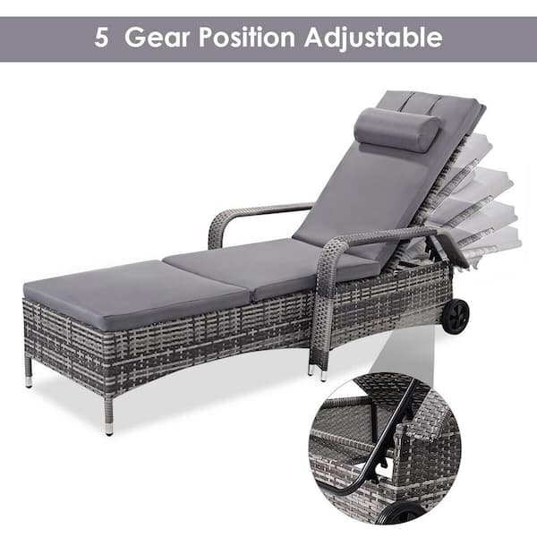 Costway Patio Rattan Chaise Wicker Outdoor Lounge Chair With Gray Cushions Recliner Furni Adjustable Back Wheel Hw53958 The Home Depot