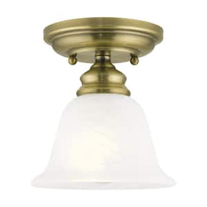 Woodside 6.25 in. 1-Light Antique Brass Industrial Semi Flush Mount with Alabaster Glass and No Bulbs Included