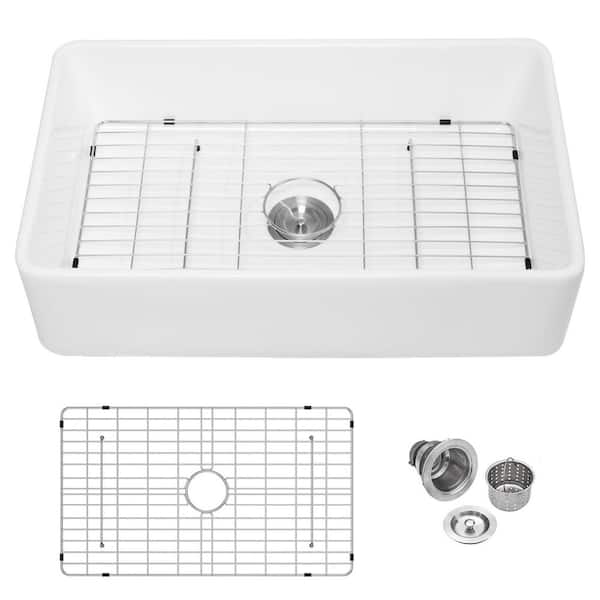 Logmey 33 in. x 20 in. Farmhouse Apron-Front Single Bowl White Fireclay Kitchen Sink with Bottom Grids