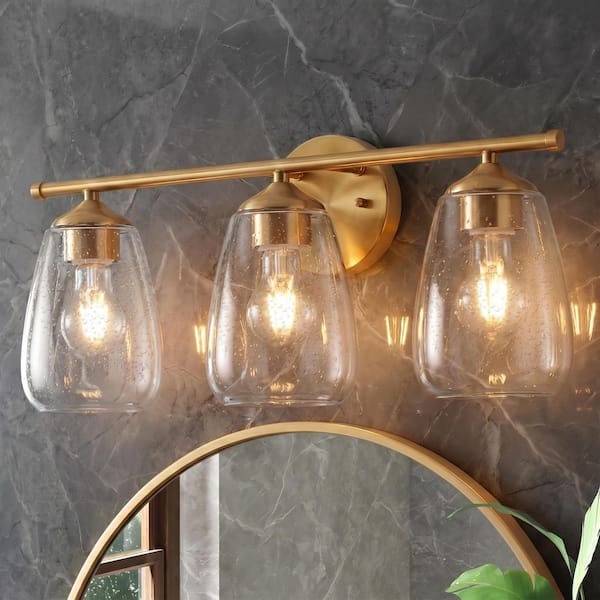 Modern 20.5 in. 3-Light Brass Bathroom Vanity Light, Wall Sconce with Seeded Glass Shades