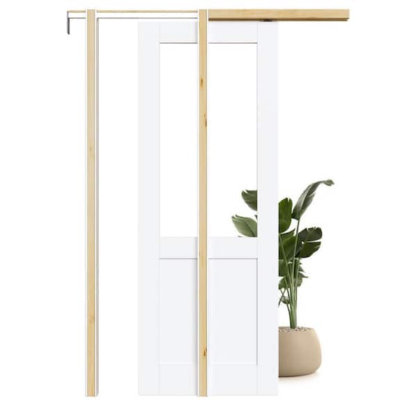 ARK DESIGN 28 in. x 80 in. 1/2-Lite Clear Glass Primed Solid Core Glass Pocket Door Frame and Hardware Soft Close Included