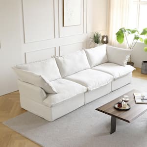 122.82 in. Flared Arm Linen Modern Rectangle Sofa with Pillow in White