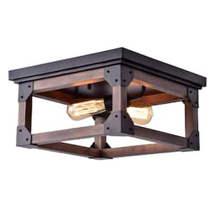 Bethsabe 14.6 in. 2Light Black Wood Industrial Square Flush-mount Fixture with no Bulbs Included