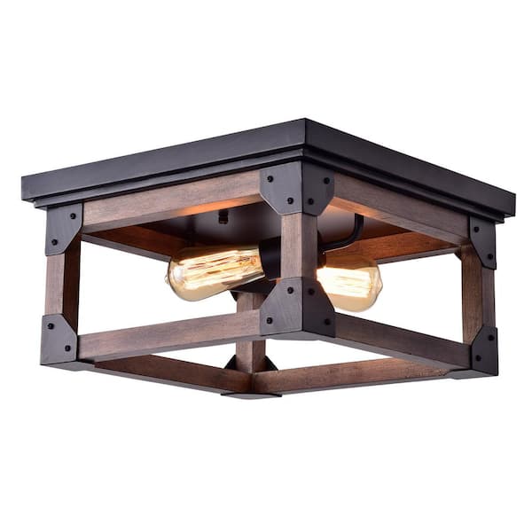 Jojospring Bethsabe 14.6 in. 2Light Black Wood Industrial Square Flush-mount Fixture with no Bulbs Included