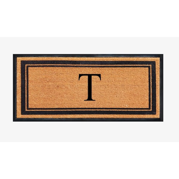 A1 Home Collections A1HC Markham Picture Frame Black/Beige 30 in. x 60 in. Coir and Rubber Flocked Large Outdoor Monogrammed T Door Mat