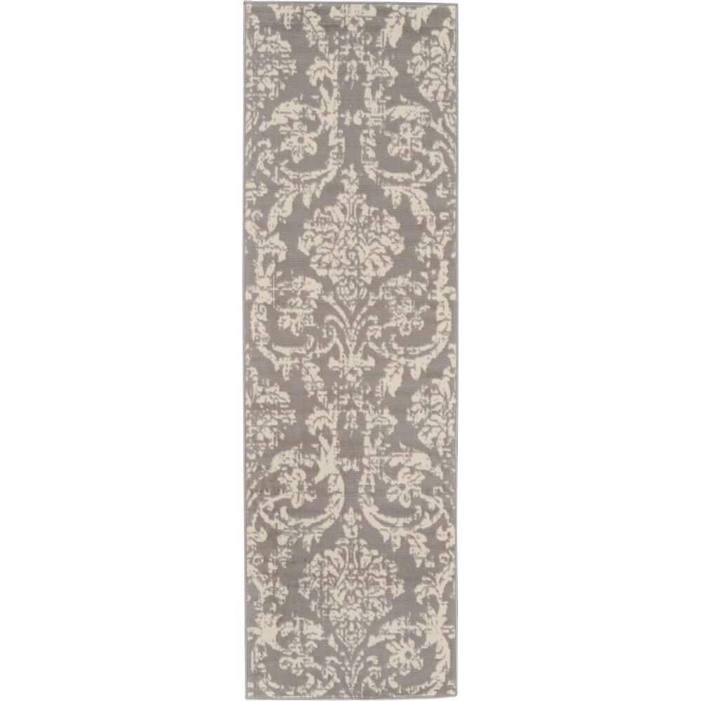 Jubilant Gray and Ivory Damask Runner Rug 2'3" x 7'3"