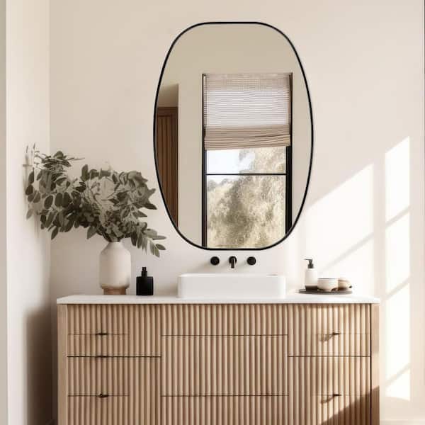 LuxHomez 24 in. W x 36 in. H Modern Oval Aluminum Frame Black Wall Mirror (Screws Included)