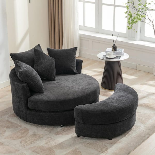 49.2 in.W Dark Gray Modern Chenille Swivel Barrel Chair Round Accent with Storage Ottoman and 4-Pillows