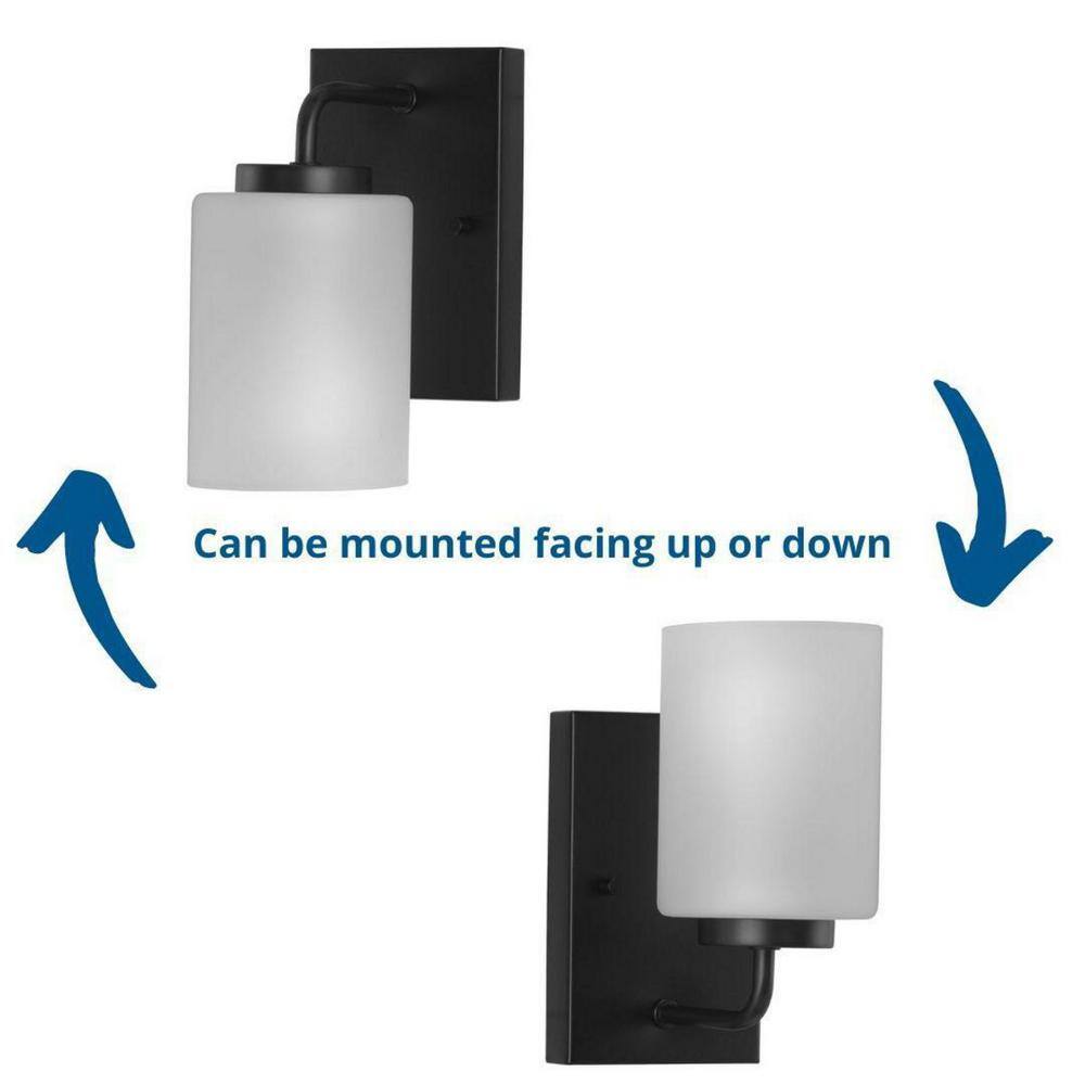 Matte Black Steel Wall Light with Etched Glass Shade