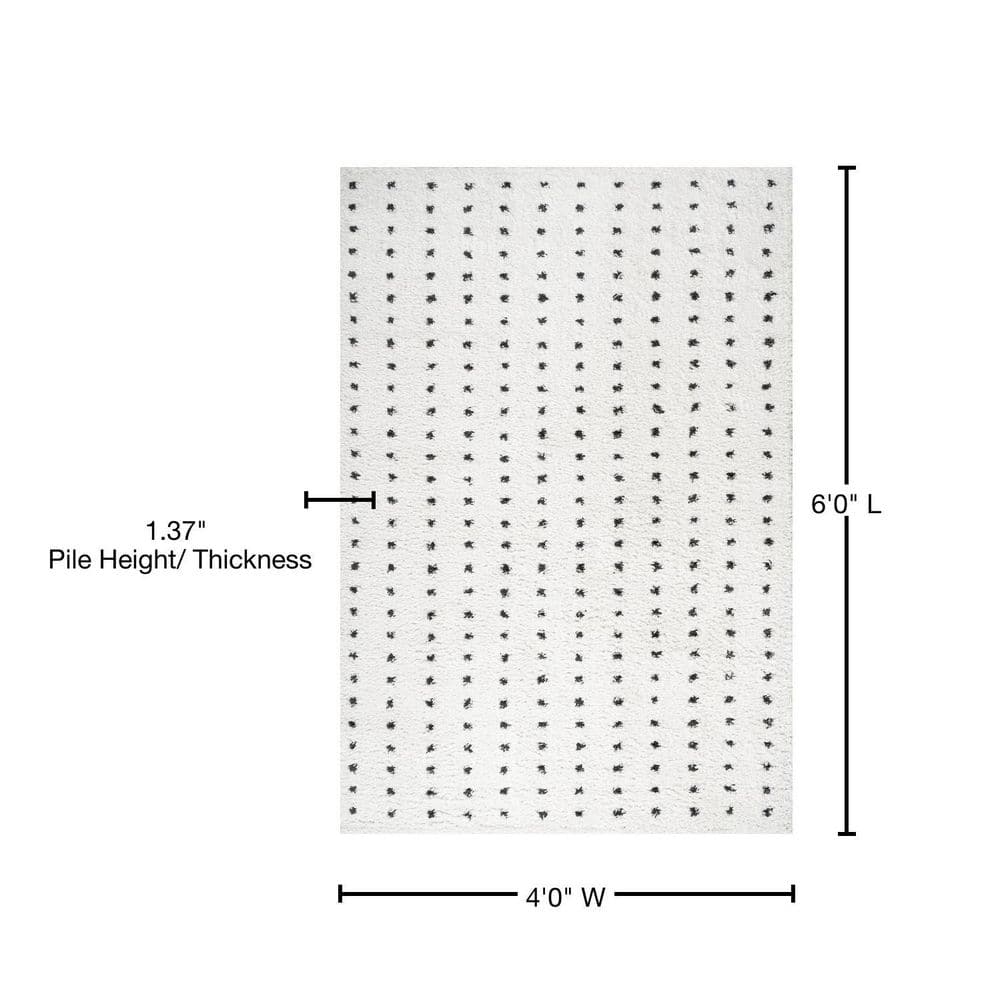 Ivory and Black Geometric Dot Shag 4' x 6' Area Rug