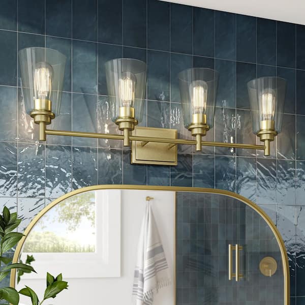 Westin 31 in. 4-Light Brushed Gold Industrial Vanity Light with Clear Glass Shades