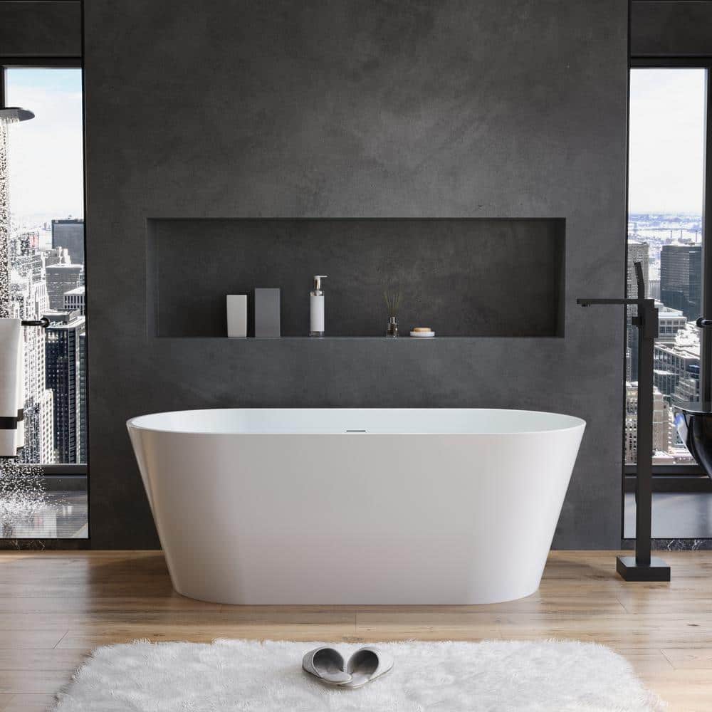 60 in. Acrylic Flatbottom Freestanding Soaking Bathtub in Glossy White Over