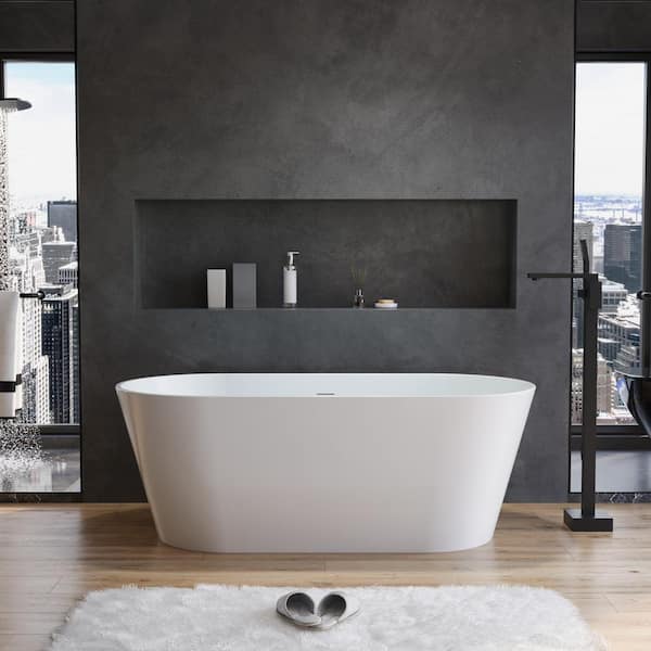 60 in. Acrylic Flatbottom Freestanding Soaking Bathtub in Glossy White Overflow and Pop-Up Drain