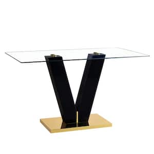 Modern Minimalist Tempered Glass Dining Table with MDF V-Shaped Bracket, Rectangular Kitchen Table with Gold Metal Base