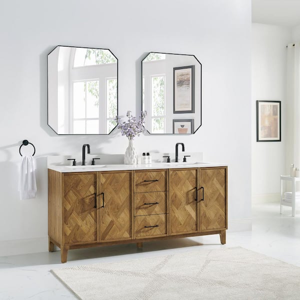 Clara 72 in. Double Freestanding Weathered Brown Bath Vanity with Calacatta Truffle White Quartz Top Assembled