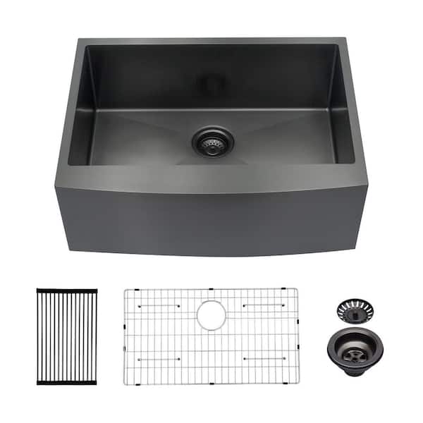 27 in. Farmhouse Single Bowl 16-Gauge Gunmetal Black Stainless Steel Kitchen Sink with Bottom Grids, Drain Board