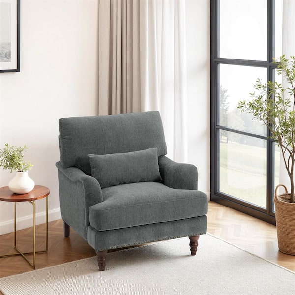 Gray Flared Arm Chenille Arm Chair with wood Legs (Set of 1)