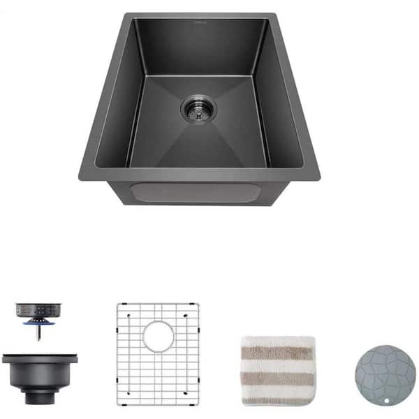 Amucolo 17 in. Gunmetal Black Undermount Single Bowl Stainless Steel Kitchen Sink with Accessories