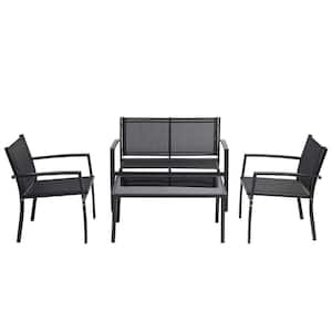 4-Piece Rectangular Metal Outdoor Bistro Set, Patio Furniture Set with Glass Coffee Table and Textile Armchairs, Black
