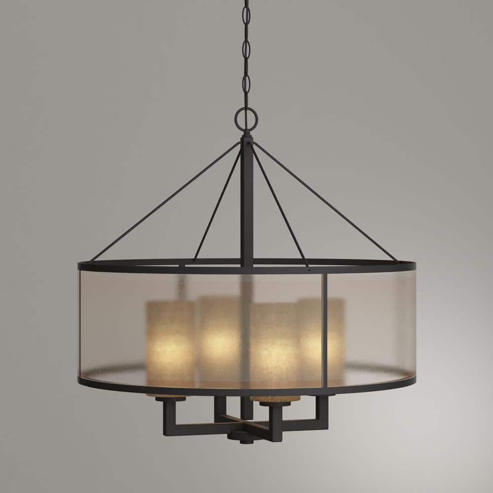 Oil Rubbed Bronze Drum Chandelier with Mercury Glass and Beige Fabric Shade