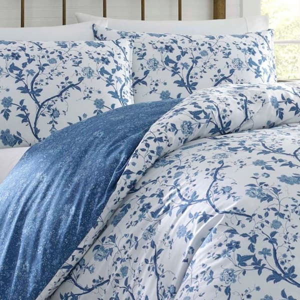 Laura Ashley Elise 2-Piece Blue Floral Cotton Twin Duvet Cover Set