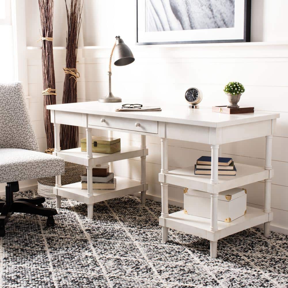 White Washed Wood Writing Desk with Drawer and Shelves