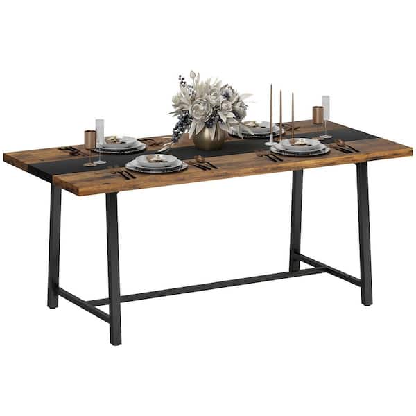 Industrial Rectangular Kitchen Table Rustic Brown, Black Wood 70.9 in. 4 Legs Dining Table for 8 People