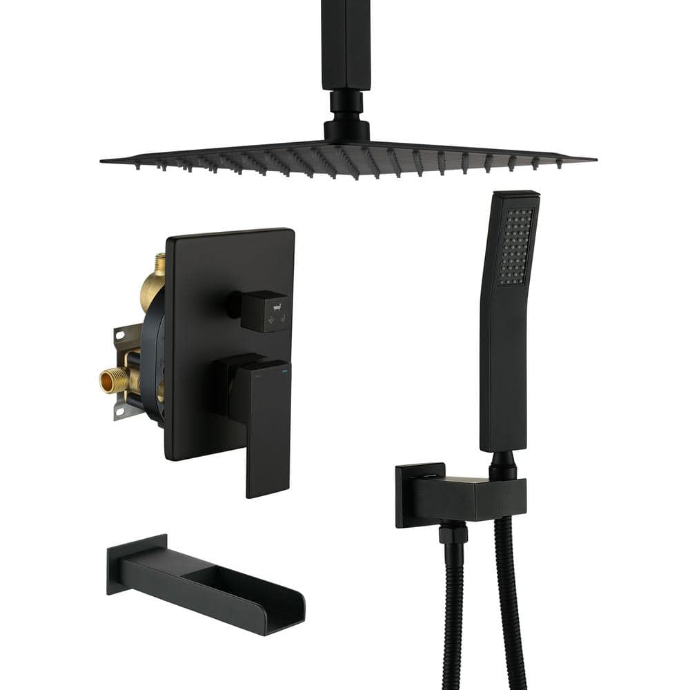 Matte Black 10-Inch Ceiling-Mounted Shower System with Handheld and Tub Filler