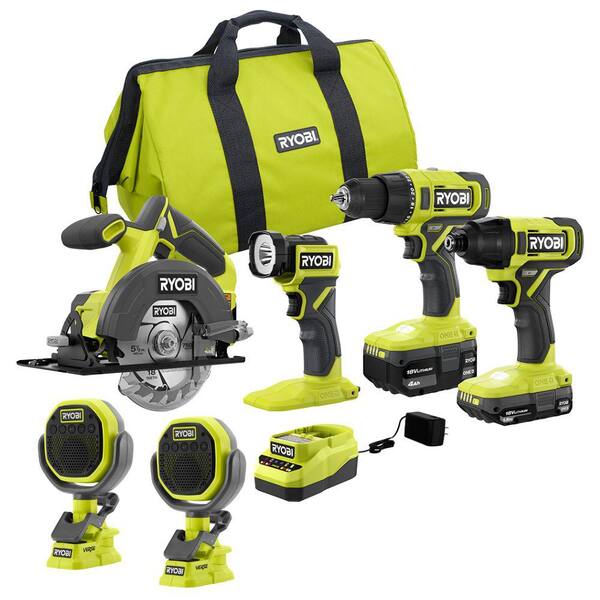 RYOBI ONE+ 18V Cordless 4-Tool Combo Kit with 1.5 Ah Battery, 4.0 Ah ...