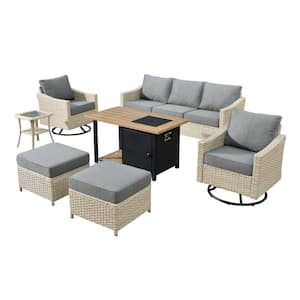 Oconee 7-Piece Wicker Patio Conversation Sofa Set with Swivel Rocking Chairs, a Storage Fire Pit and Dark Gray Cushions