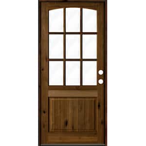 32 in. x 96 in. Knotty Alder Left-Hand/Inswing 9-Lite Arch Top Clear Glass Provincial Stain Wood Prehung Front Door