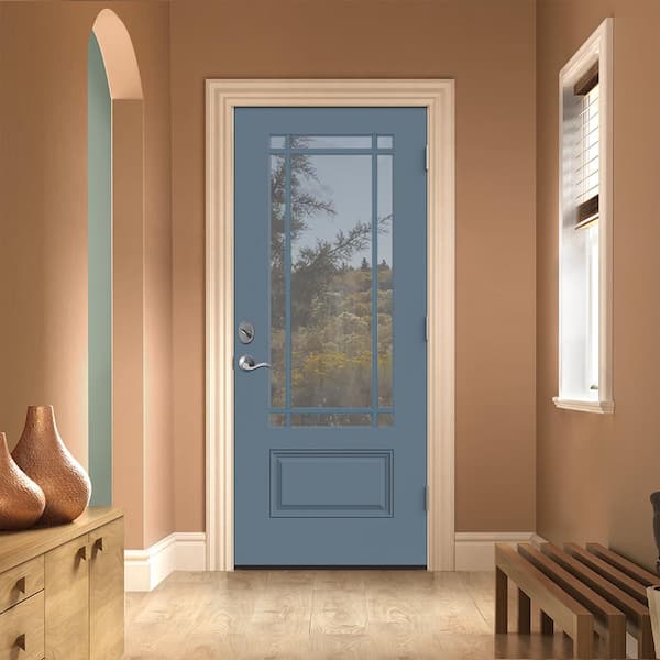36 in. x 80 in. Left-Hand 9 Lite Clear Glass Colony Painted Fiberglass Prehung Front Door with Brickmould