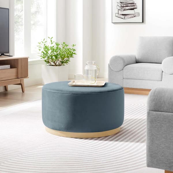 Tilden Large 29 in. Round Performance Velvet Upholstered Ottoman in Cadet Blue Natural