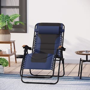 Black and Blue Metal Oversized Padded Folding Zero Gravity Chair with Cup Holder Outdoor Patio Adjustable Recliner