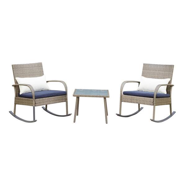 TOP HOME SPACE 3-Piece Wicker Square Galss Top Coffee Table Rocking Outdoor Bistro Dining Set with Blue Cushion