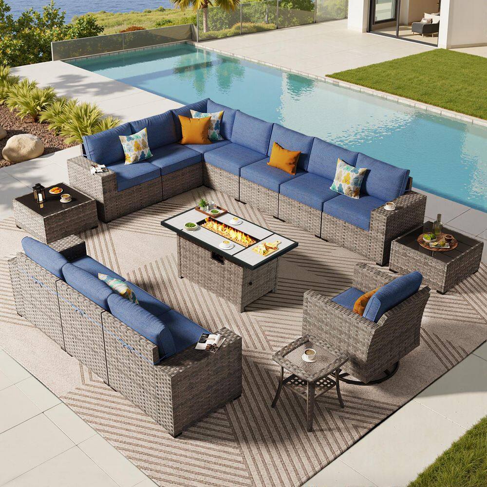XIZZI Meraki 15 Pieces Wicker Outdoor Patio Rectangular Fire Pit