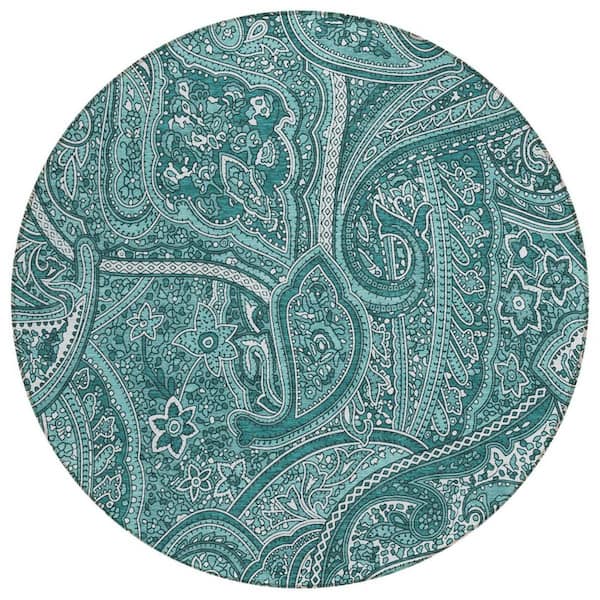 HomeRoots Teal Blue, Aqua, Ivory 8 ft. Round Woven Paisley Polyester ...