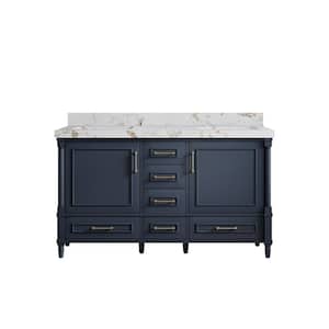 Hudson 60 in. W x 22 in. D x 36 in. H Double Sink Bath Vanity in Navy Blue with 2 in. Viola Gold qt. Top