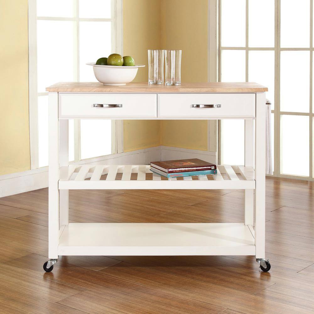 White and Natural Light Wood Kitchen Cart with Wine Rack