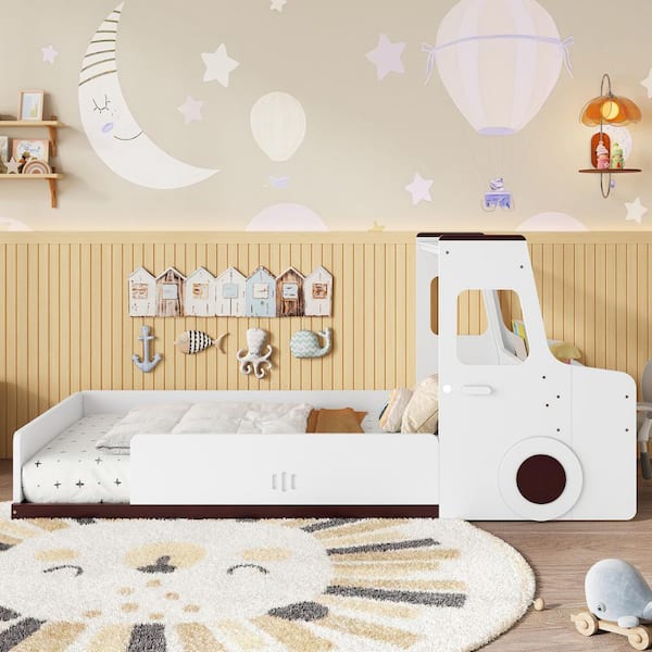 Mu White Twin Wood Kids Floor Bed with Car-shape Design, 2 Storage Drawers, Window, and Desk