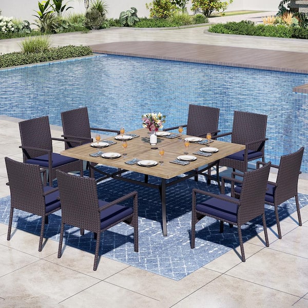 PHI VILLA Black 9-Piece Metal Square Patio Outdoor Dining Set with Wood Finish Table and Rattan Chair with Blue Cushion