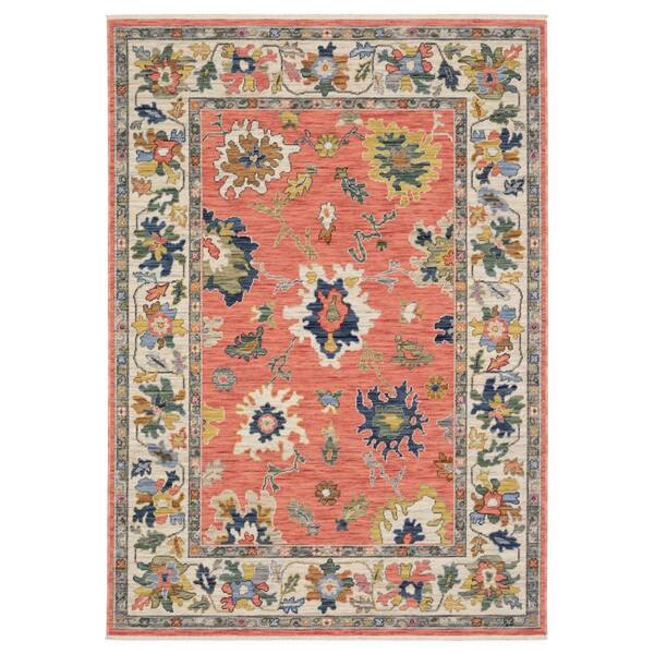 5' X 8' Salmon Blue And Yellow Oriental Area Rug With Fringe