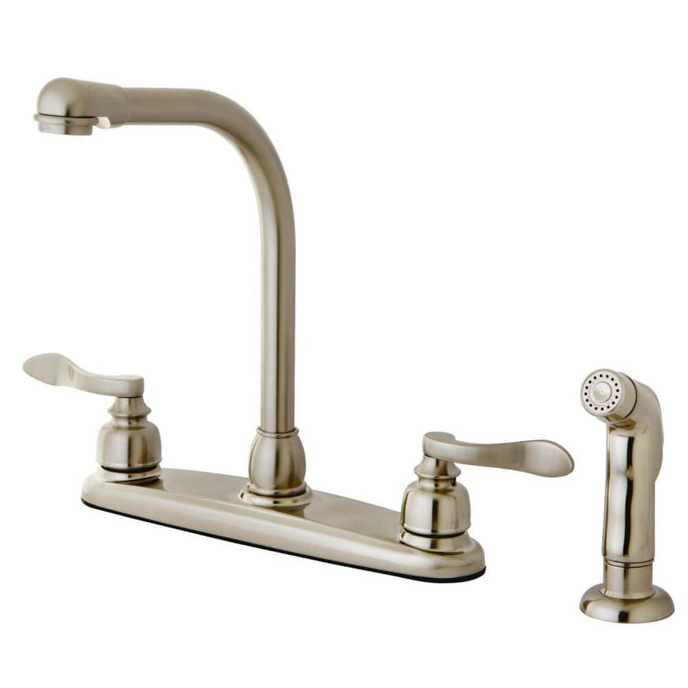 Kingston Brass NuWave French 2-Handle Deck Mount Centerset Kitchen Faucets with Side Sprayer in Brushed Nickel