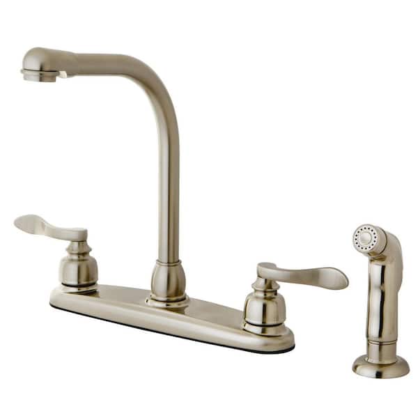 Kingston Brass NuWave French 2-Handle Deck Mount Centerset Kitchen Faucets with Side Sprayer in Brushed Nickel