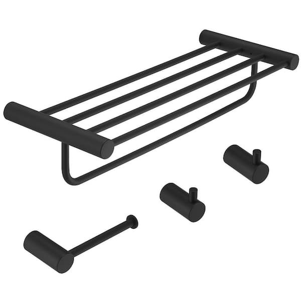 4-Piece Bath Hardware Set with 24 in. Towel Rack, Toilet Paper Holder and Towel Hook in Matte Black