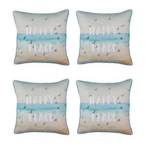 Nautical Coastal Happy Quote Decorative Set of 4-Throw Pillow Covers 18 in. x 18 in. Square White and Blue