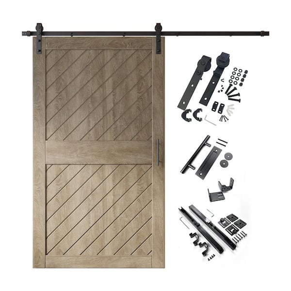 XT1 48 in. x 84 in. C-Panel Classic Gray Slanted Stripe Design Solid Pine Wood Sliding Barn Door with Hardware Kit